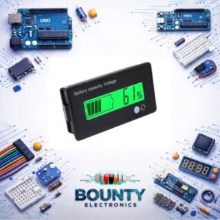 وحدة مؤشر سعة بطارية 12V مع رسم بياني شريطي ونسبة مئوية وزر تحديث